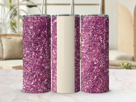 Three glittery purple tumblers with straws on a marble surface.