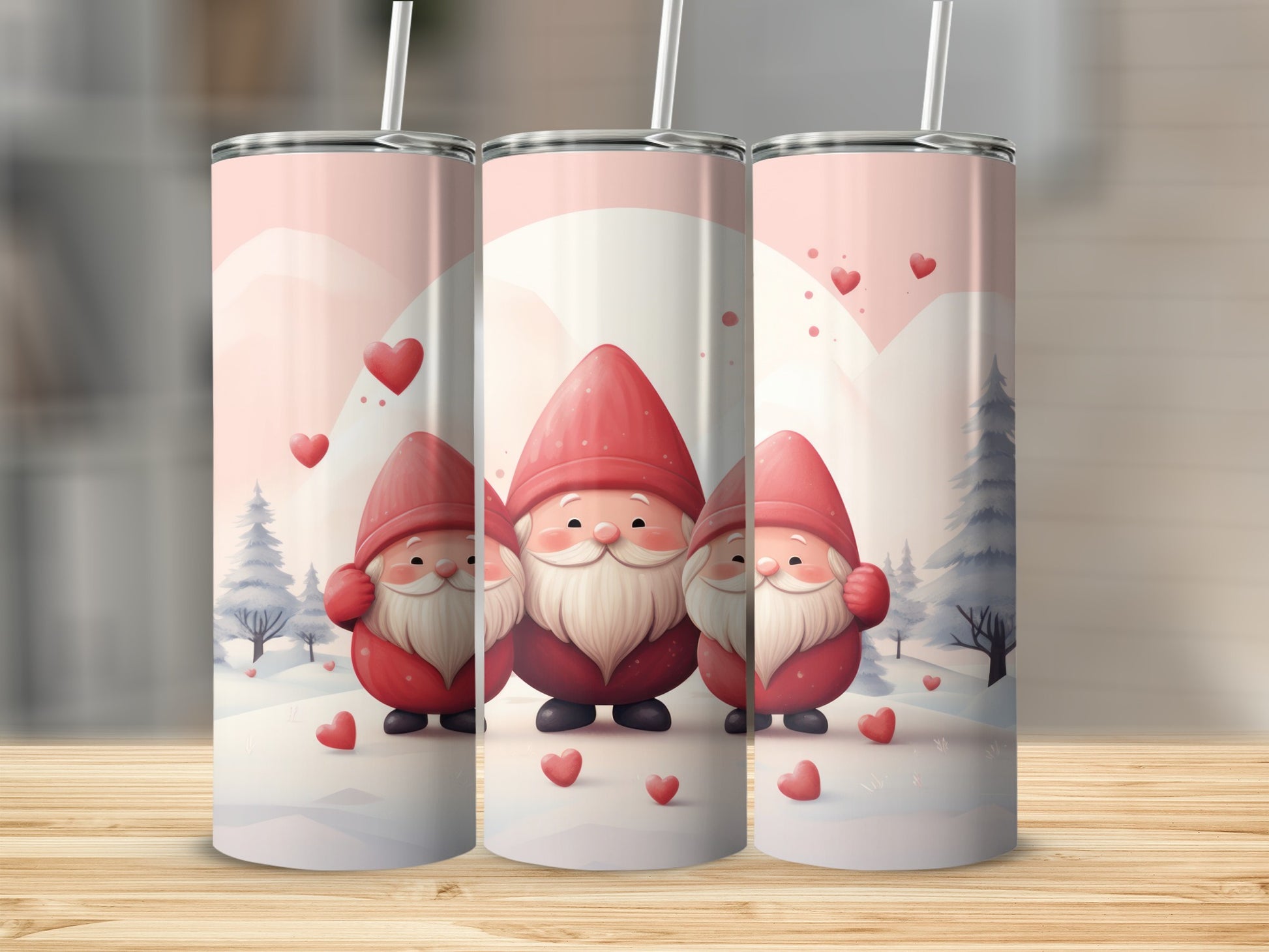 Adorable Gnome Hearts Winter Scene Travel Tumbler