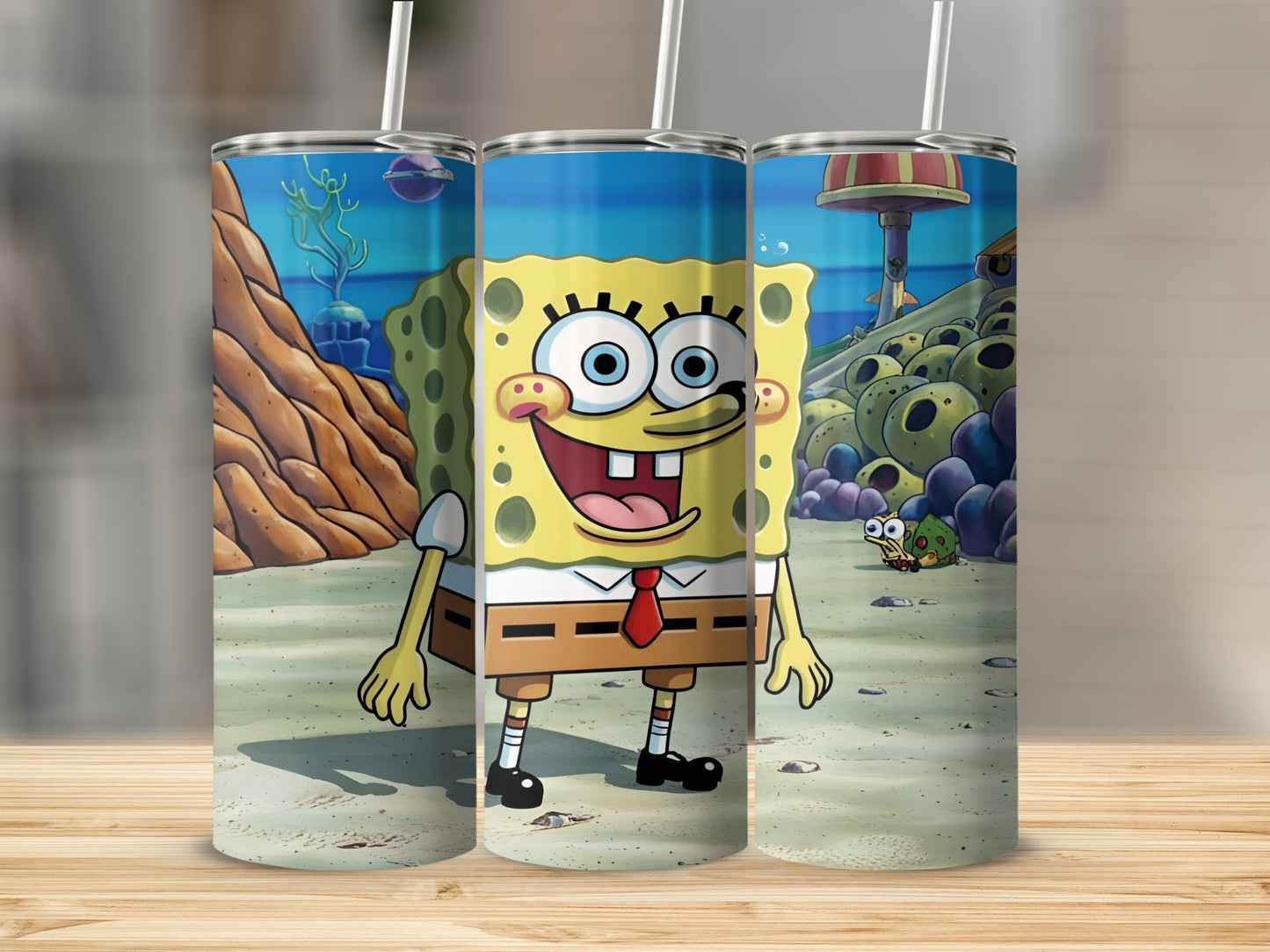 SpongeBob SquarePants character standing on a sandy seabed with cartoonish coral and sea creatures.