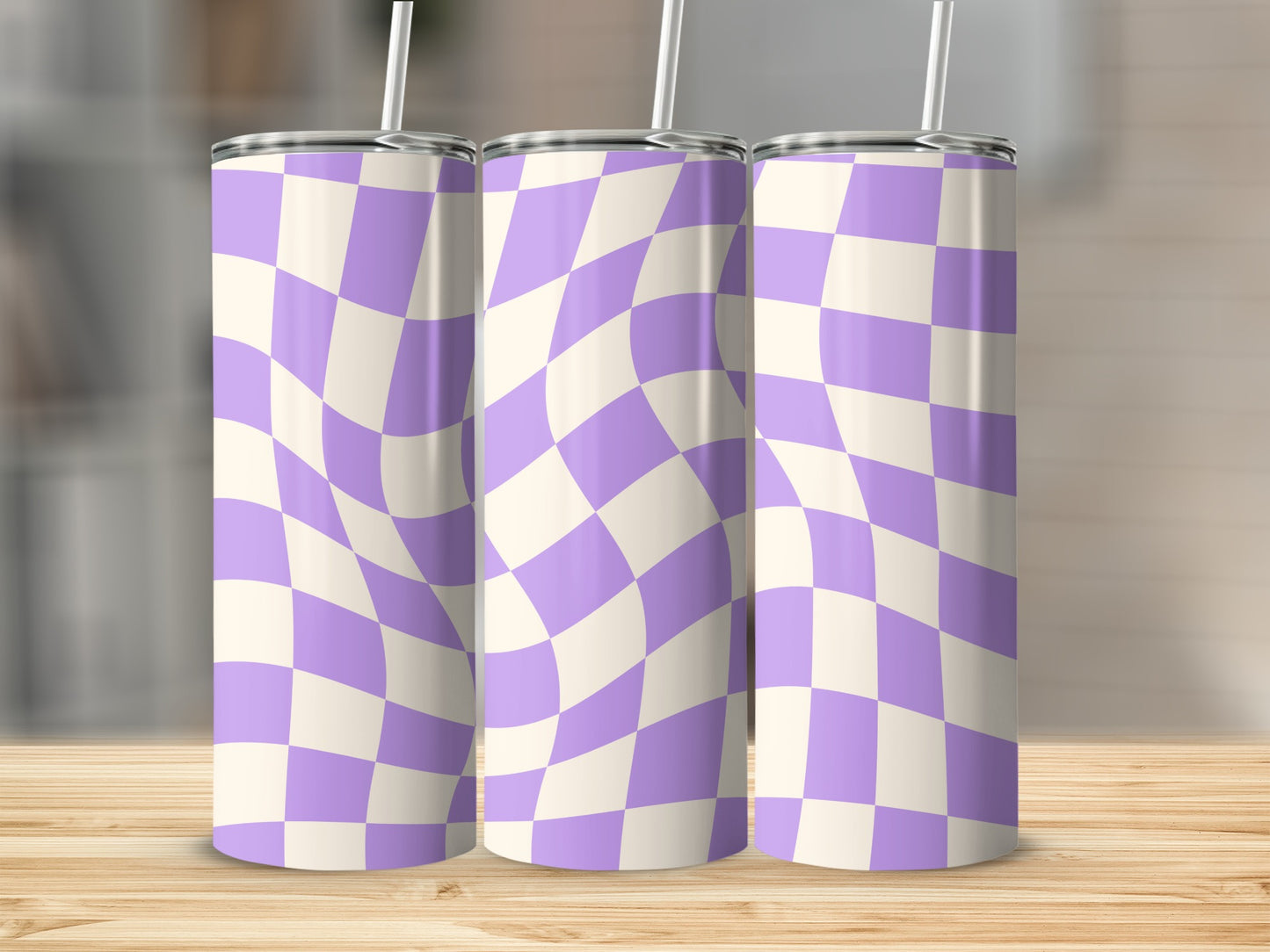 Three tall tumblers with a distorted lavender and white checkerboard pattern.