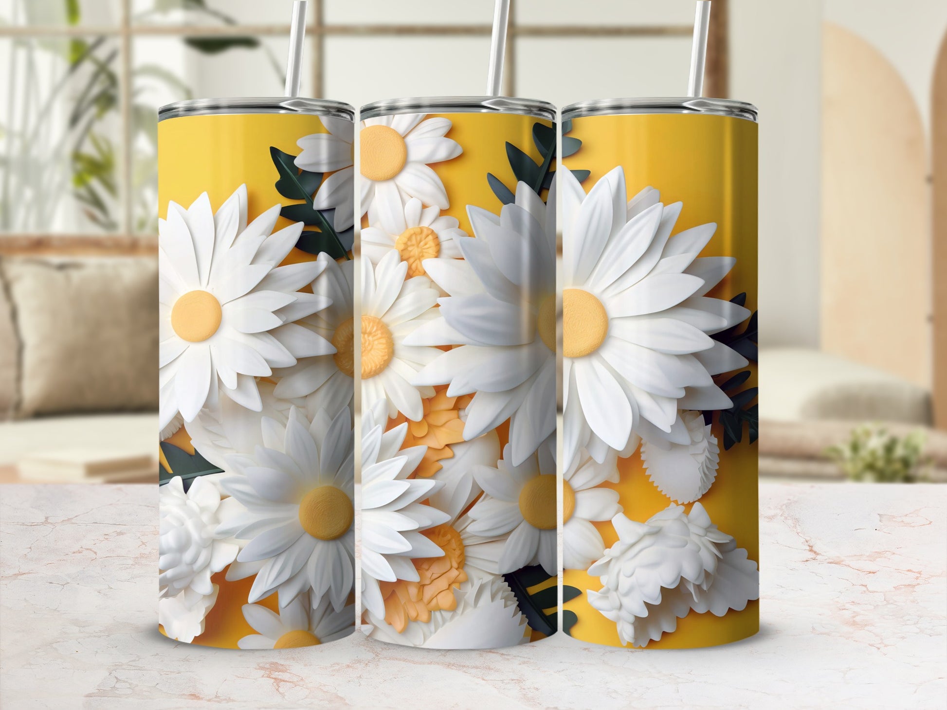 Beautiful Daisy Pattern on Vibrant Yellow Tumbler