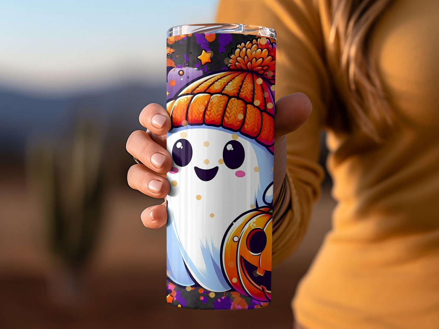 Cute Festive Ghost with Pumpkin Tumbler for Halloween