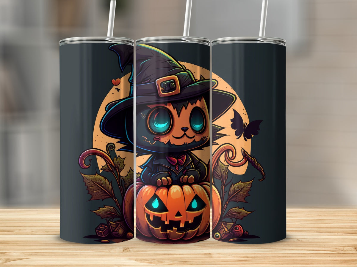 Halloween cat in witch hat sits on a jack-o'-lantern with a moon and butterfly.