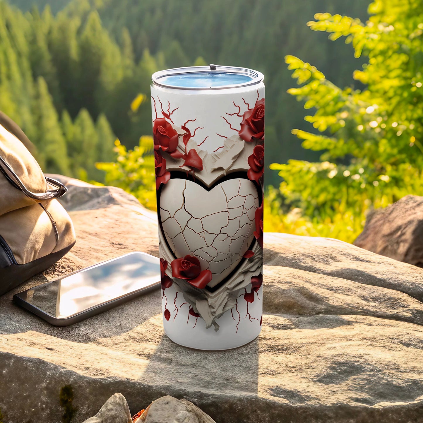 Cracked Heart and Roses Design Insulated Tumbler