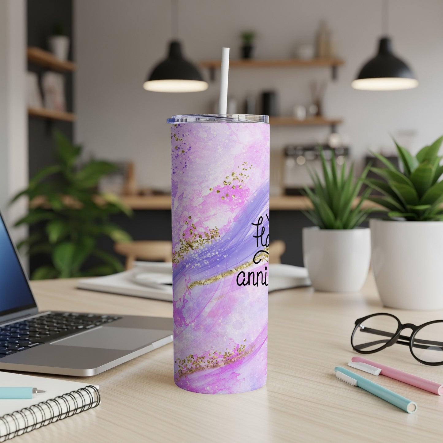 Purple marble tumbler with "Happy Anniversary" text and gold glitter.