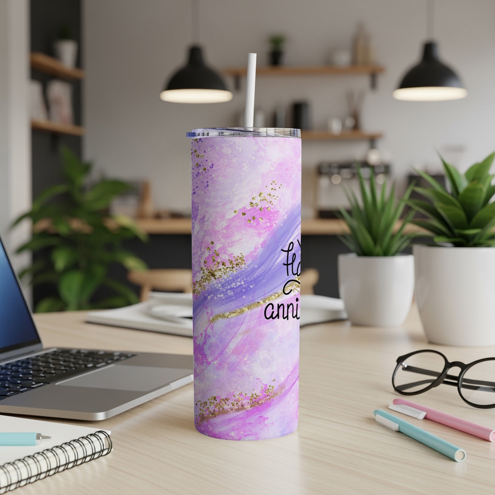 Purple marble tumbler with "Happy Anniversary" text and gold glitter.