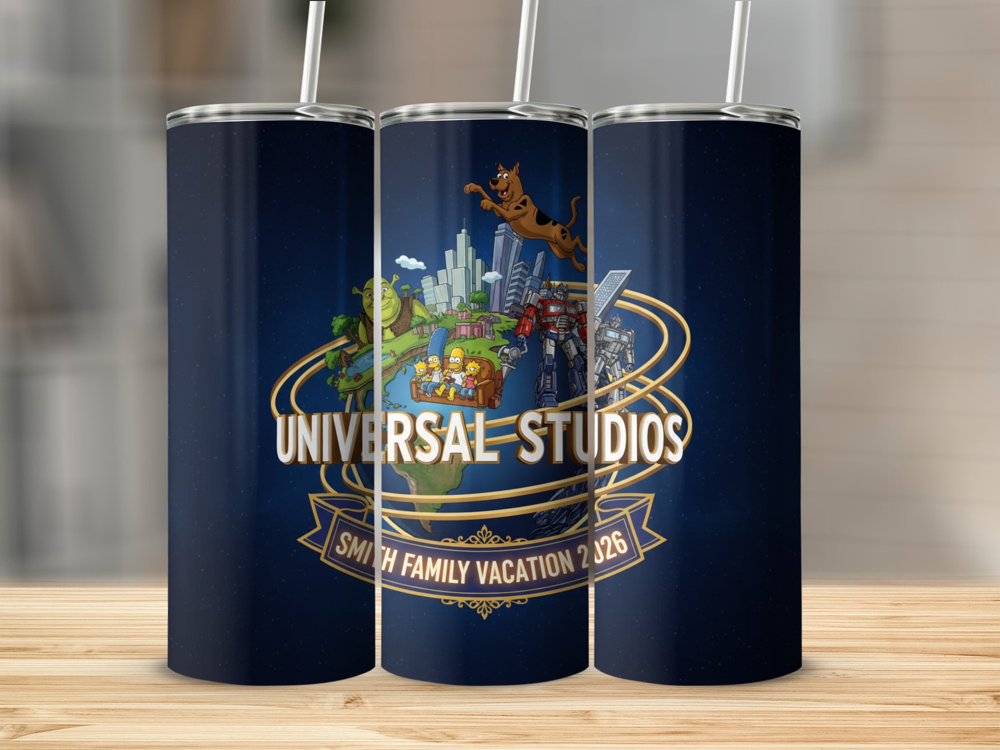 Universal Studios "Smith Family Vacation 2026" tumbler with characters.
