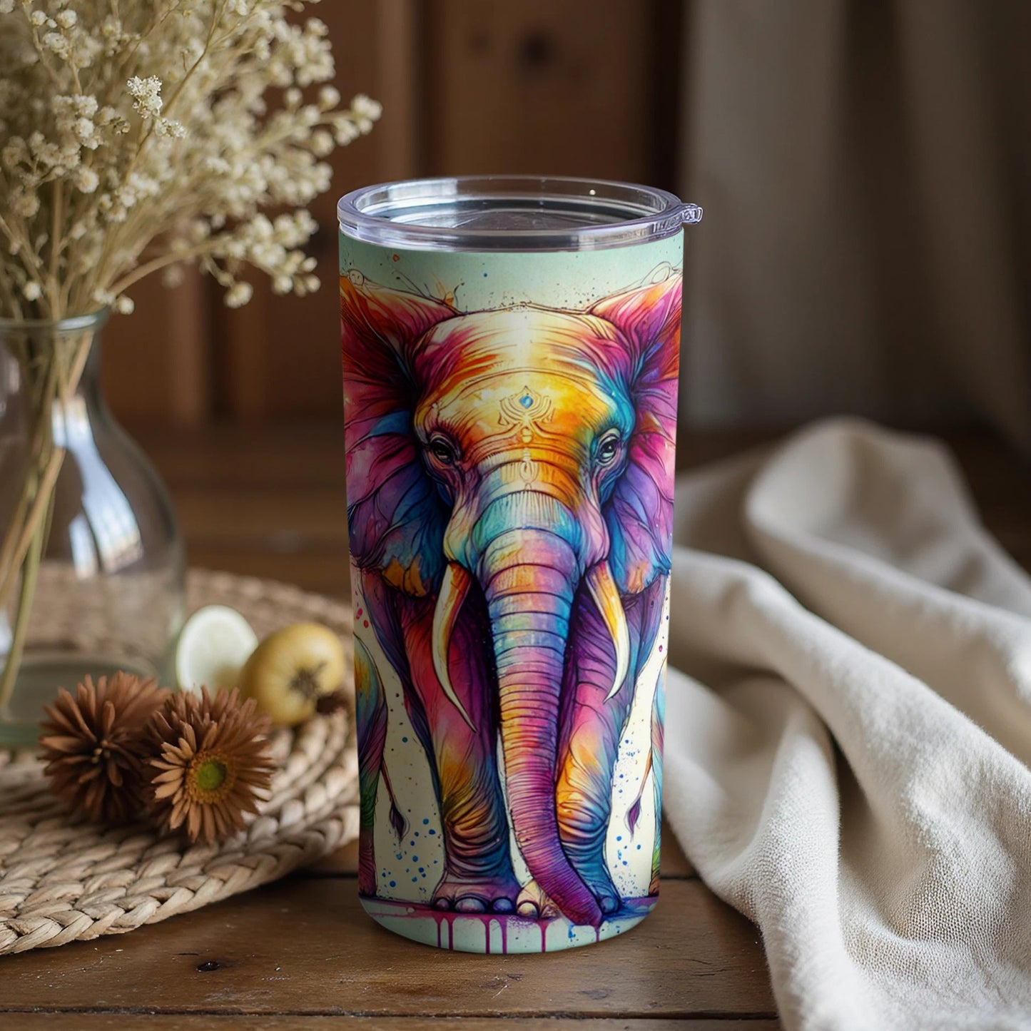 Colorful Elephant Artwork Tumbler Cup Travel Mug