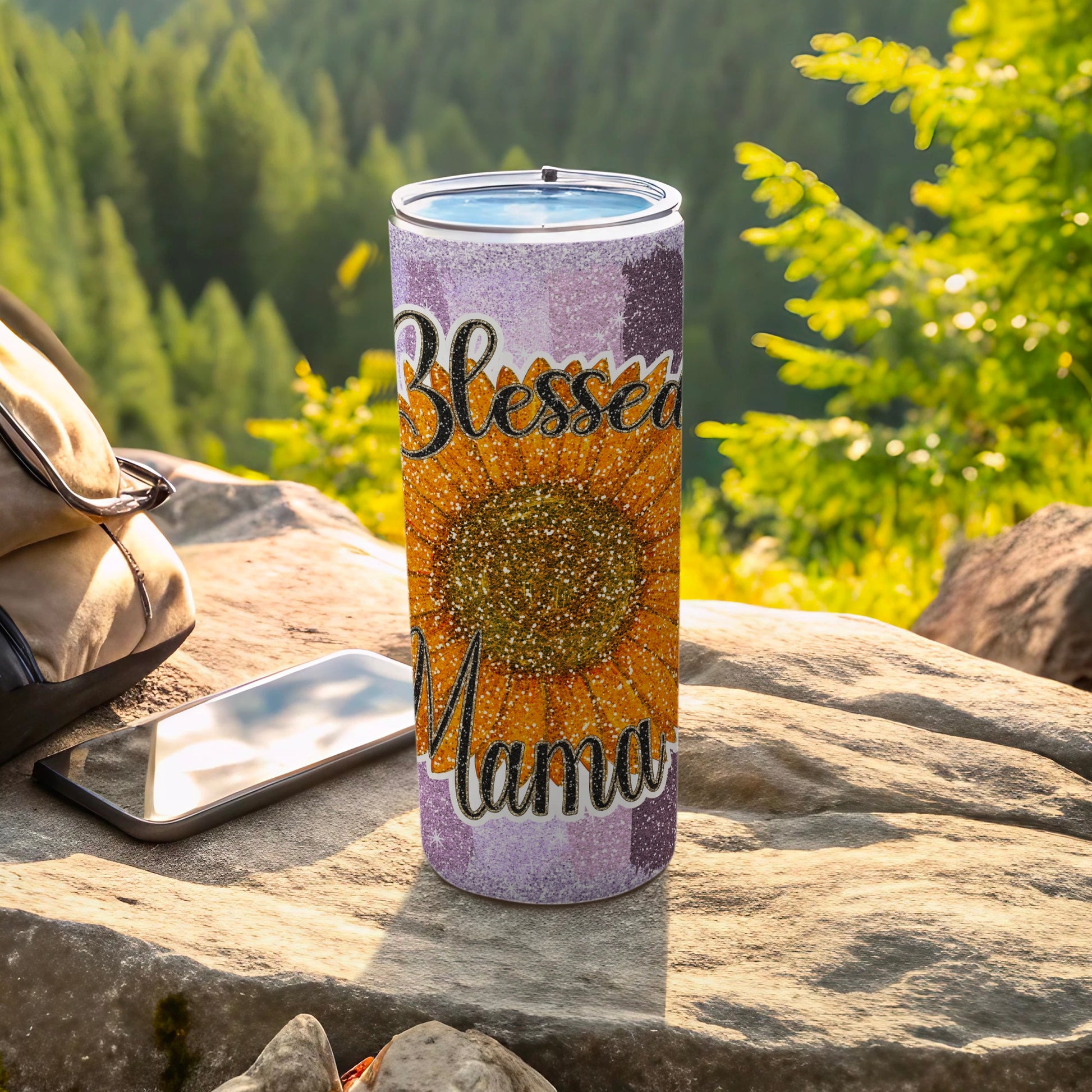 Blessed Mama Glitter Sunflower Travel Tumbler