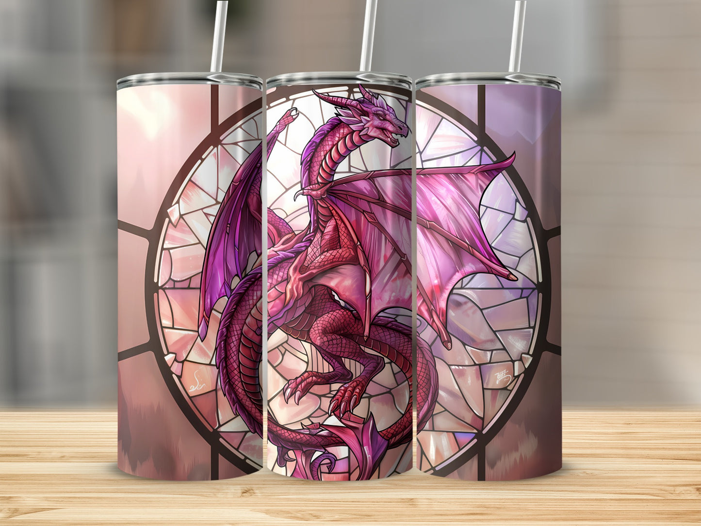 Purple dragon in front of a stained glass window design.