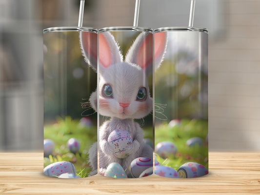 Easter bunny holding an egg with decorated eggs scattered on grass.