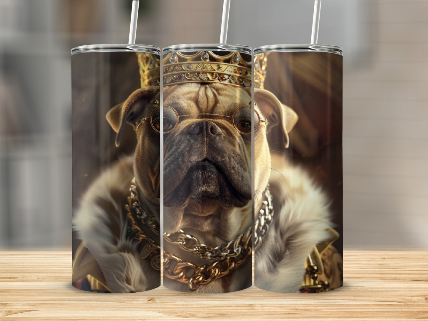 Bulldog wearing a crown and gold chain, close-up.