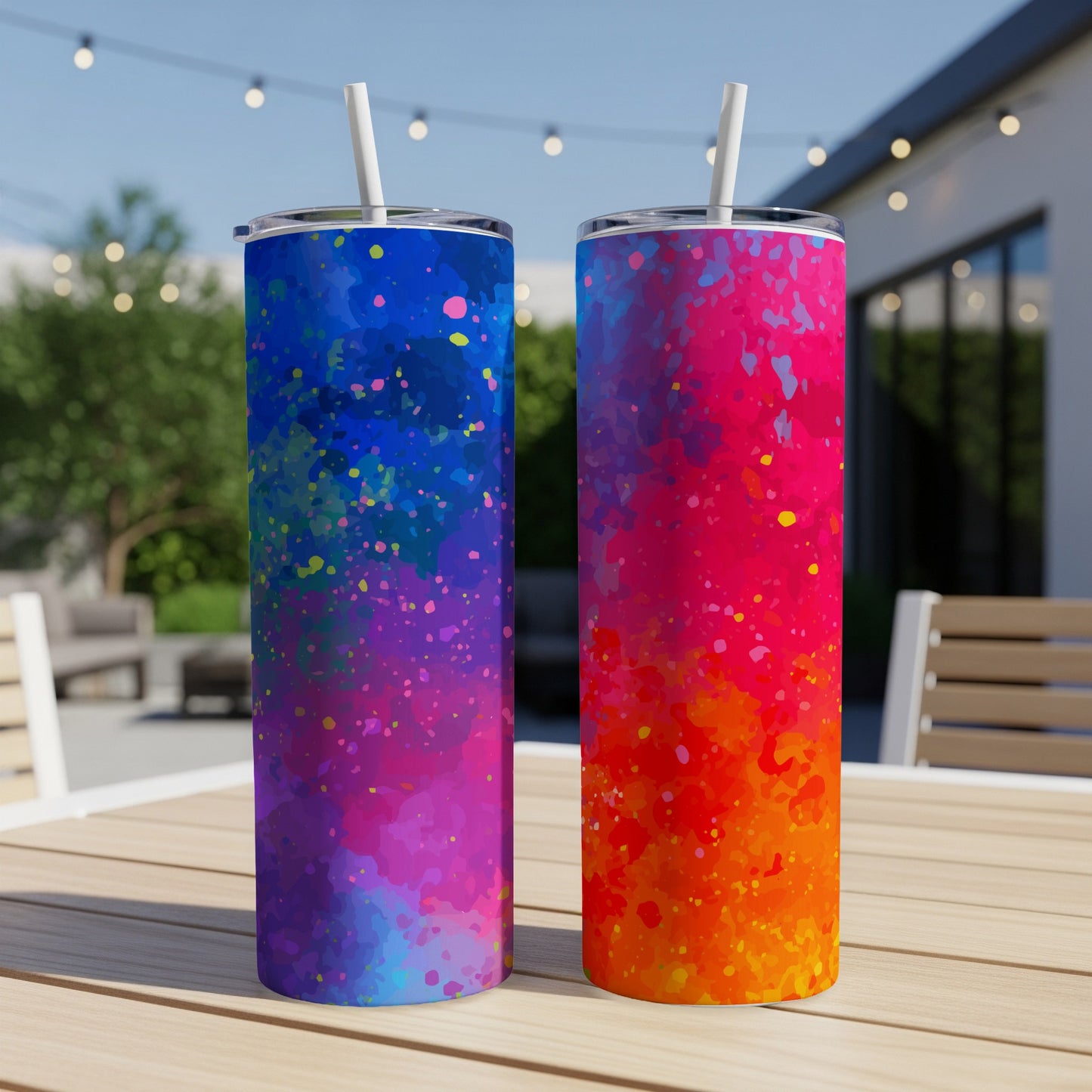 Two tumblers with abstract splatter art designs, one blue and purple gradients, one pink and orange.