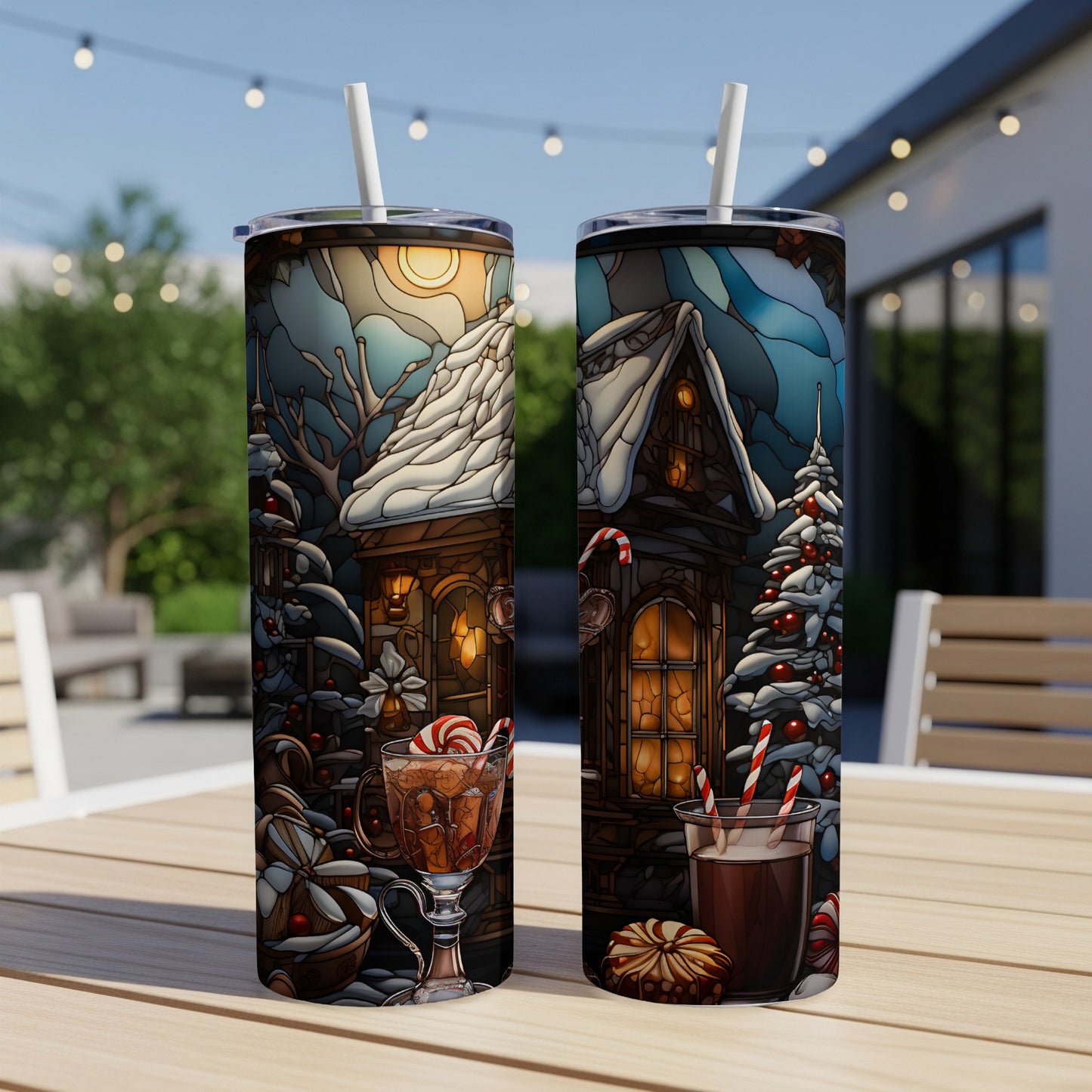 Two Christmas-themed tumblers with cozy winter village scenes and hot drinks.
