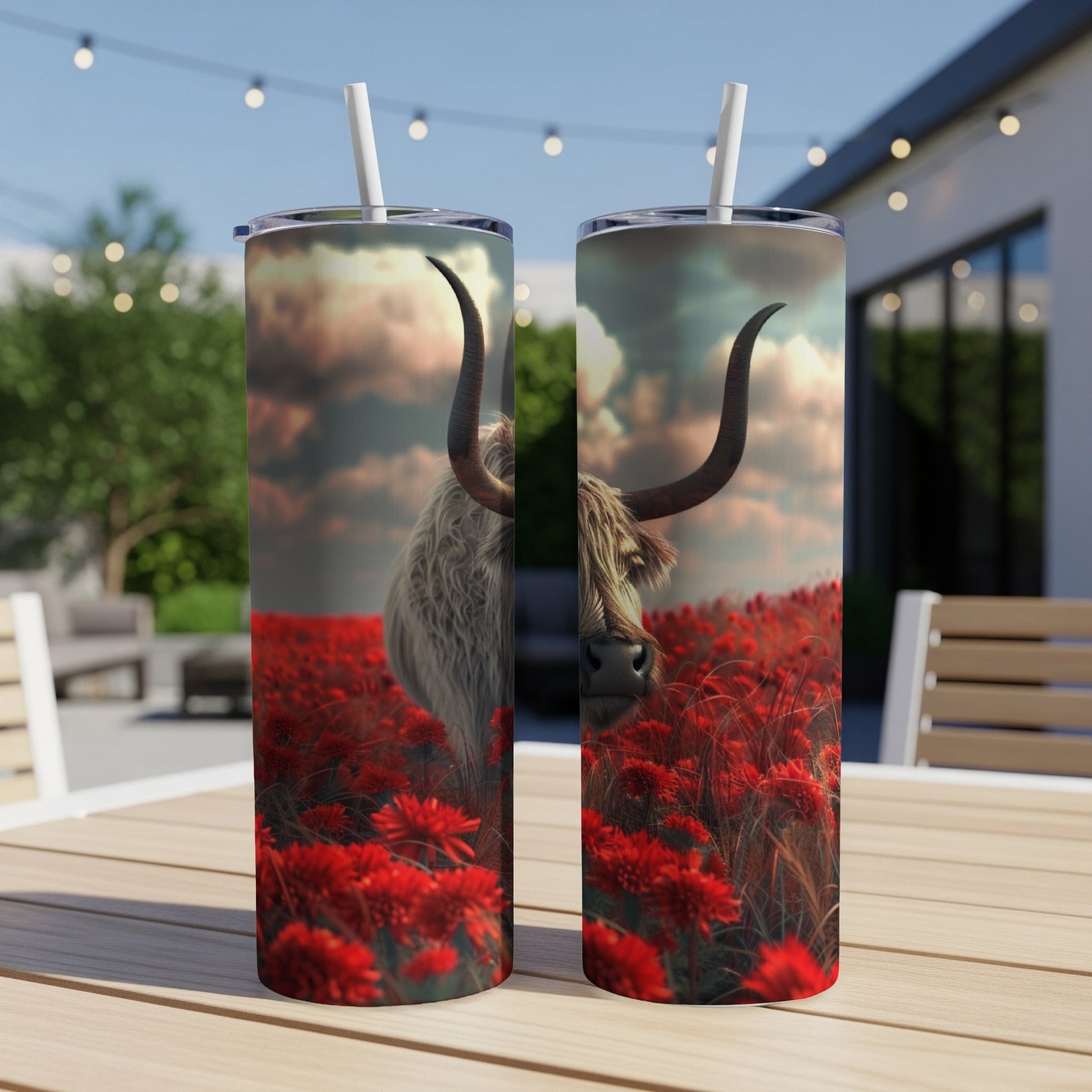 Highland cow in field of red flowers on two tumblers.
