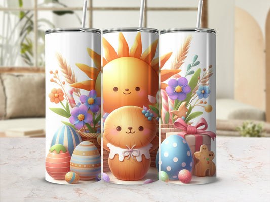 Easter-themed tumbler with sun, bunny, eggs, gingerbread man, and flowers.