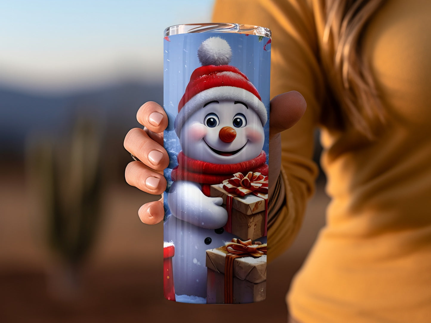 Cheerful Snowman With Gift Tumblers Christmas Design