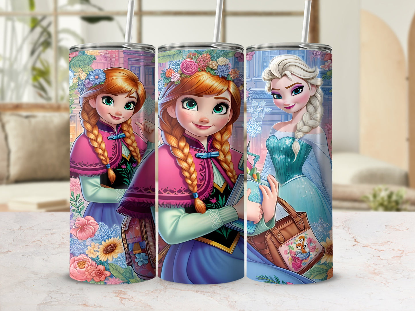 Anna and Elsa from Frozen with floral accents on a tumbler.