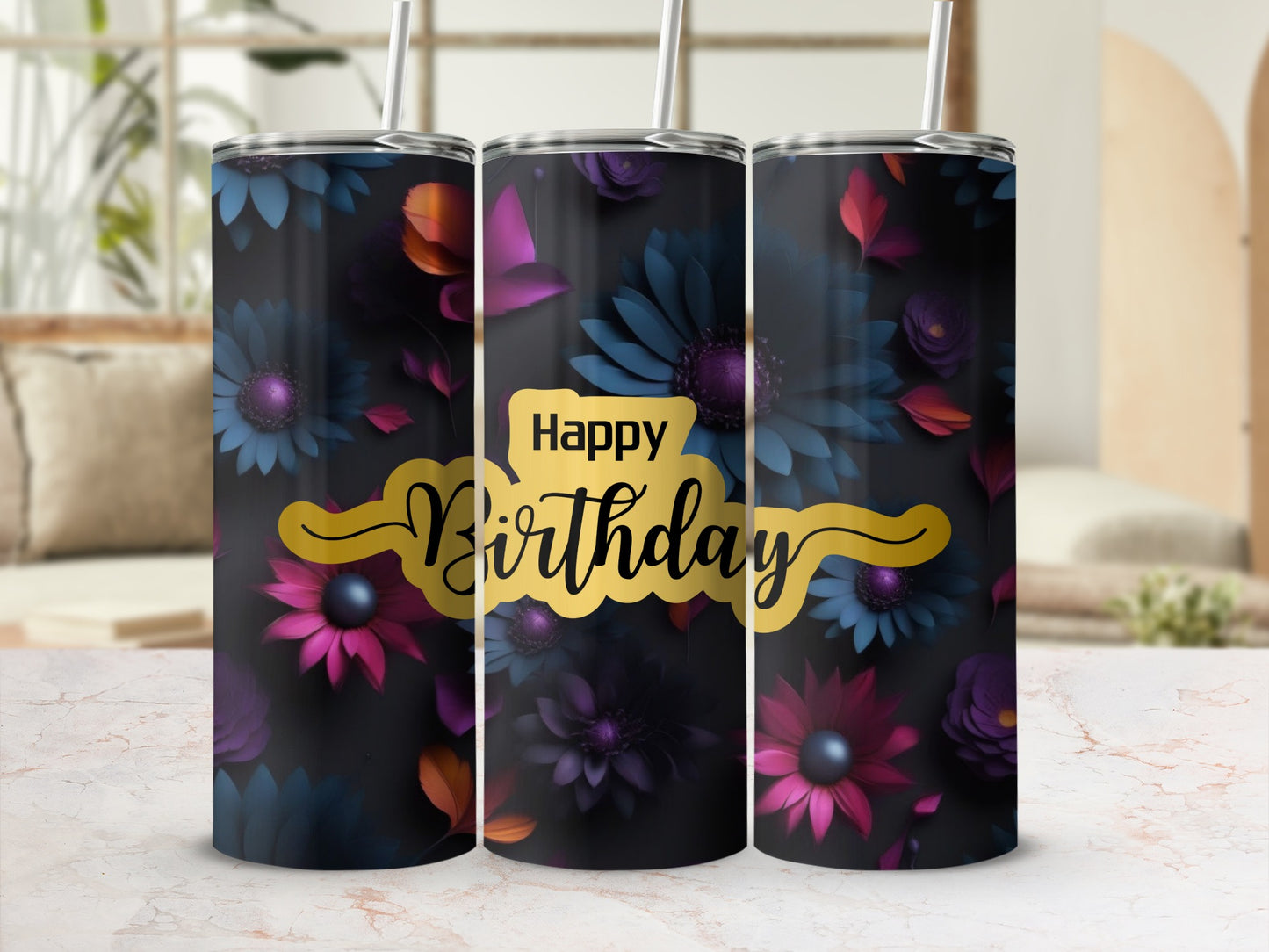 Dark tumbler with colorful floral pattern and "Happy Birthday" text.