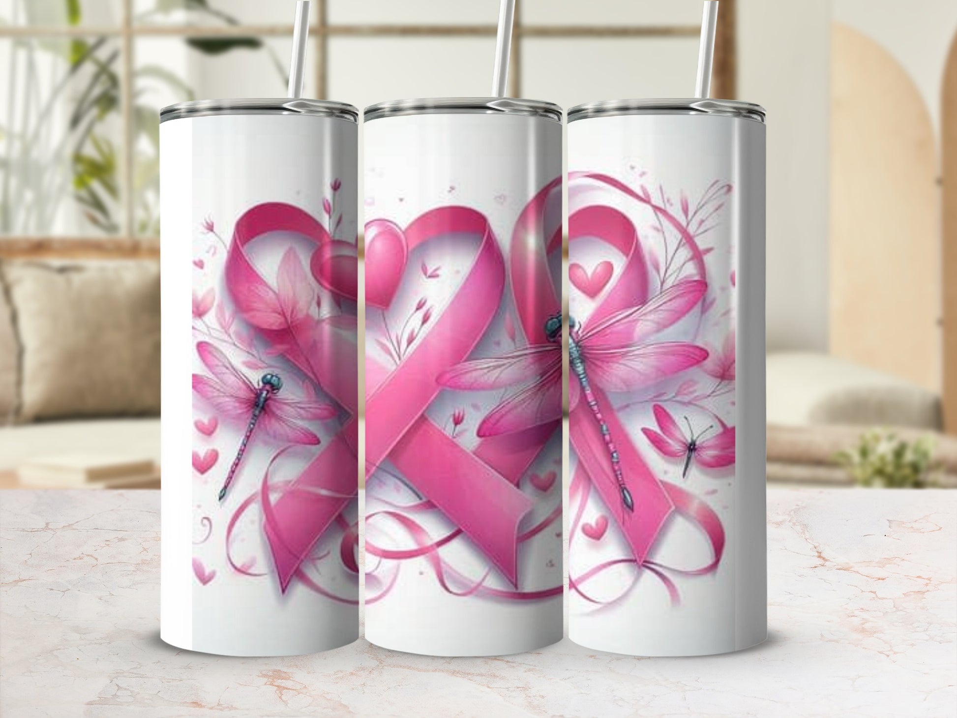 Pink Ribbon Dragonfly Heart Design Tumblers