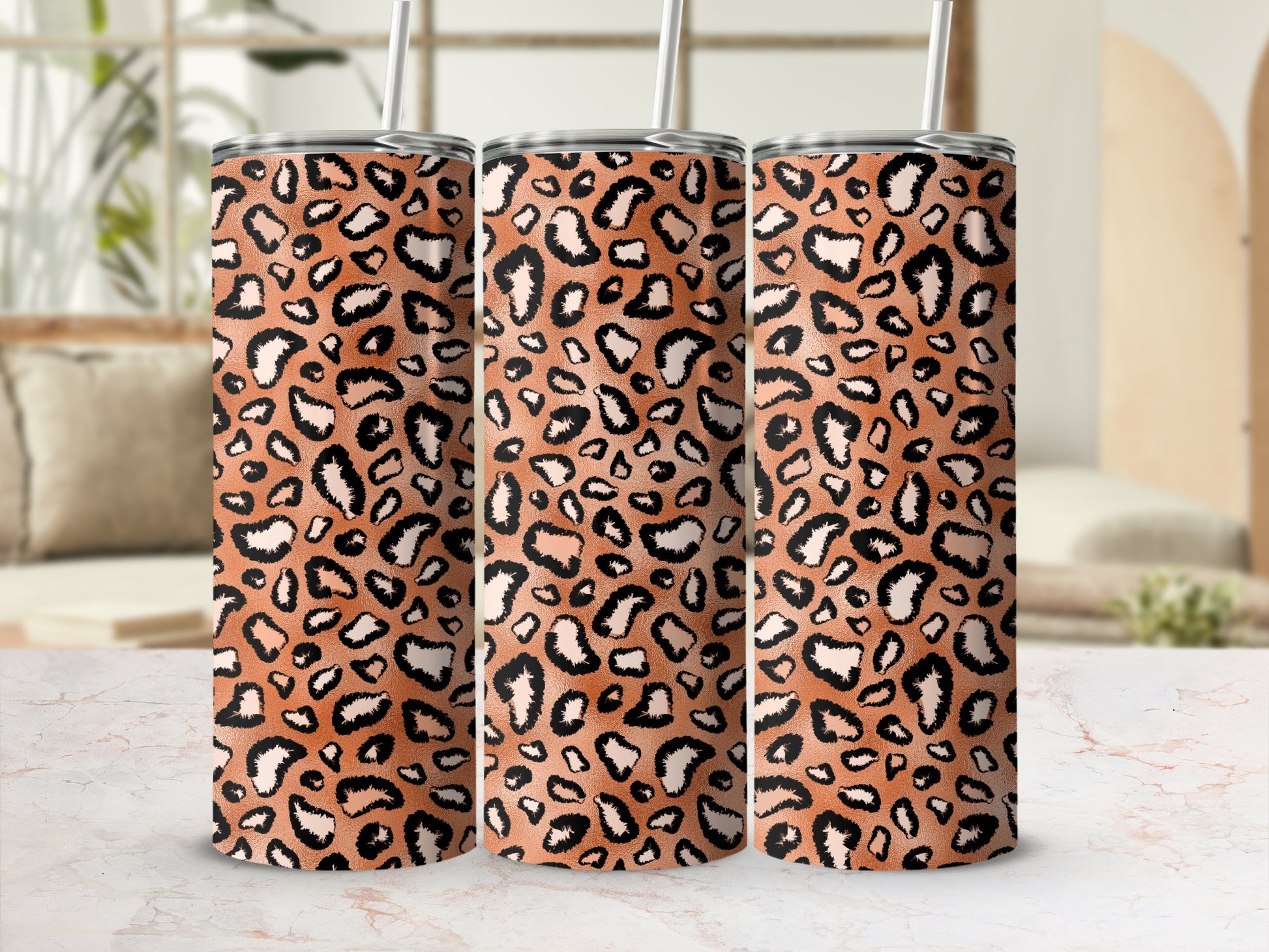 Leopard Print Tumbler with Straw Insulated Cup
