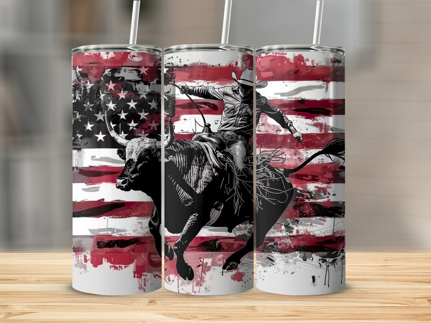 Cowboy riding bull against distressed American flag background on tumbler.