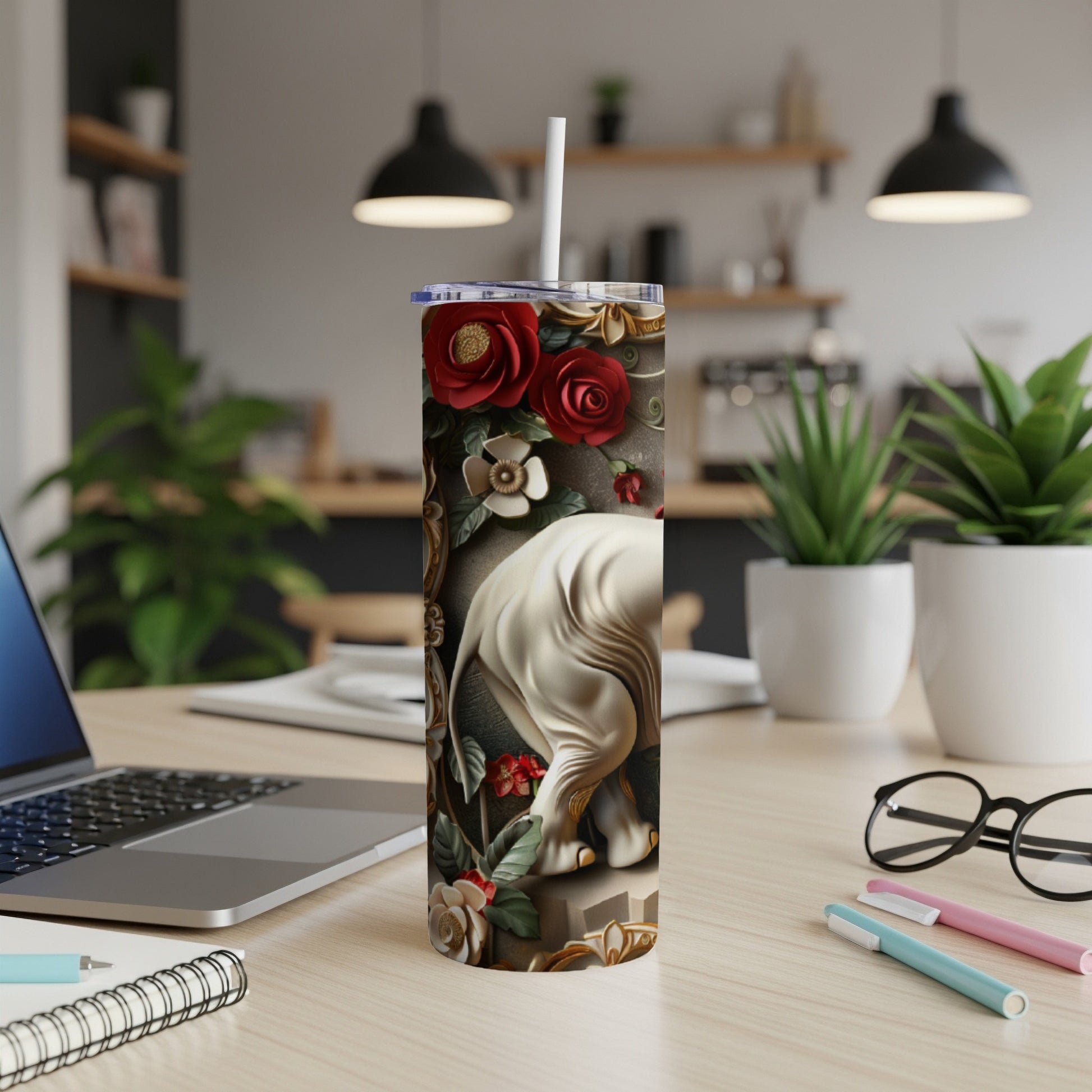 Sphinx cat and roses design on a white tumbler with straw.