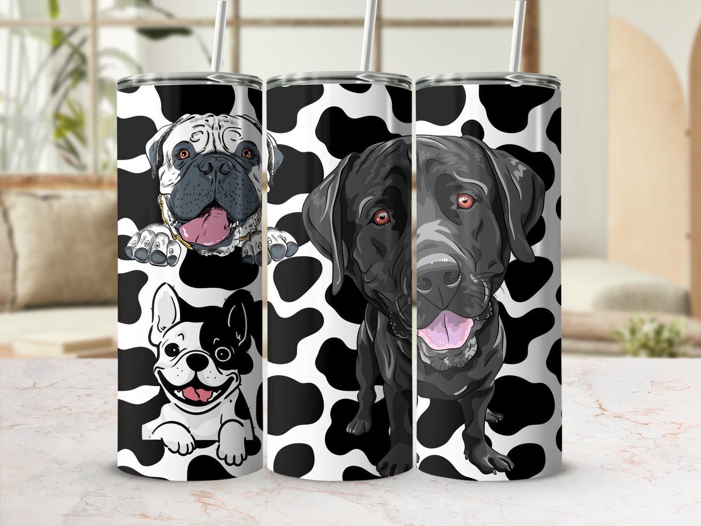 Adorable Dog Faces on Black and White Cow Prints tumbler