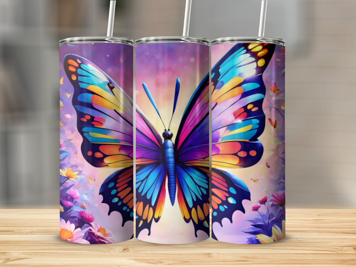 Three tumblers featuring a vibrant, colorful butterfly design with floral accents.
