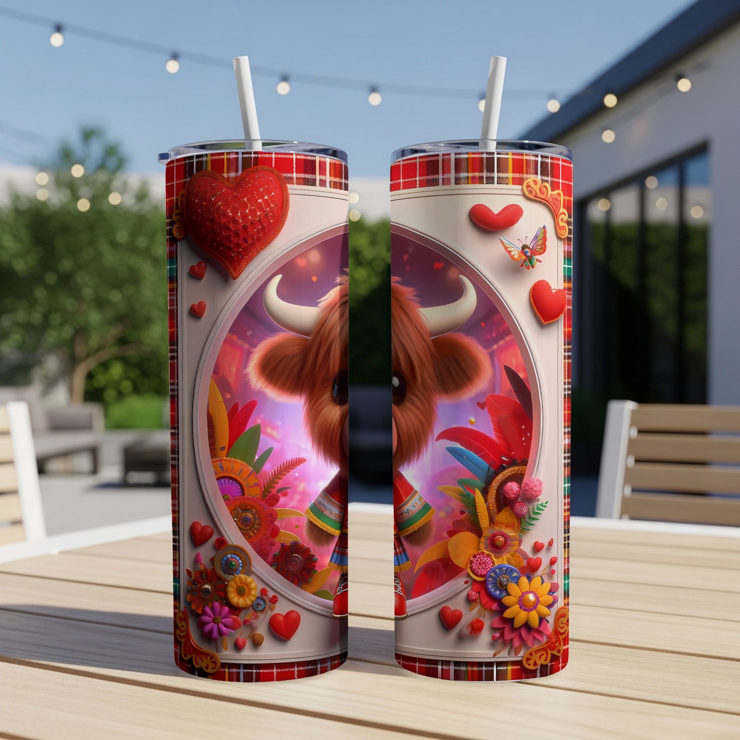 Two colorful tumblers with a cartoon bull and Valentine's Day motifs.