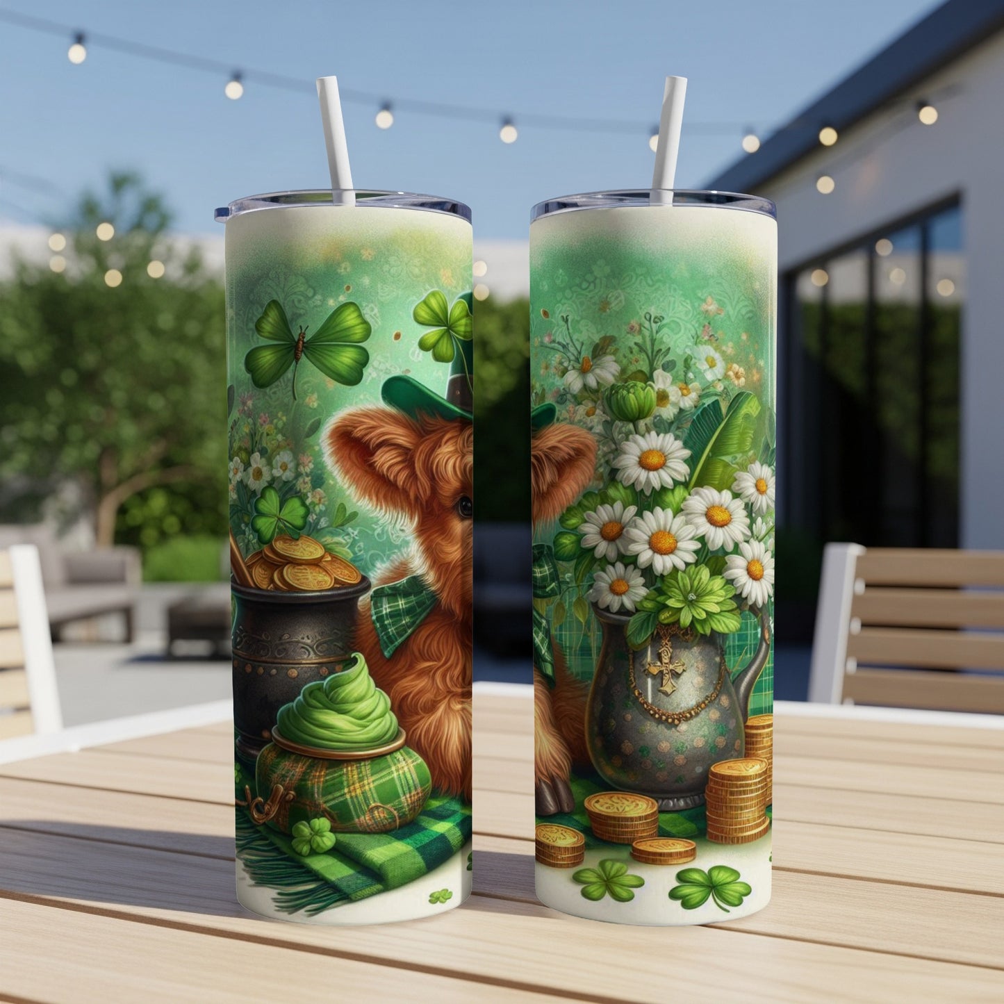 Cow in a hat with shamrocks and gold coins on a St. Patrick's Day tumbler.