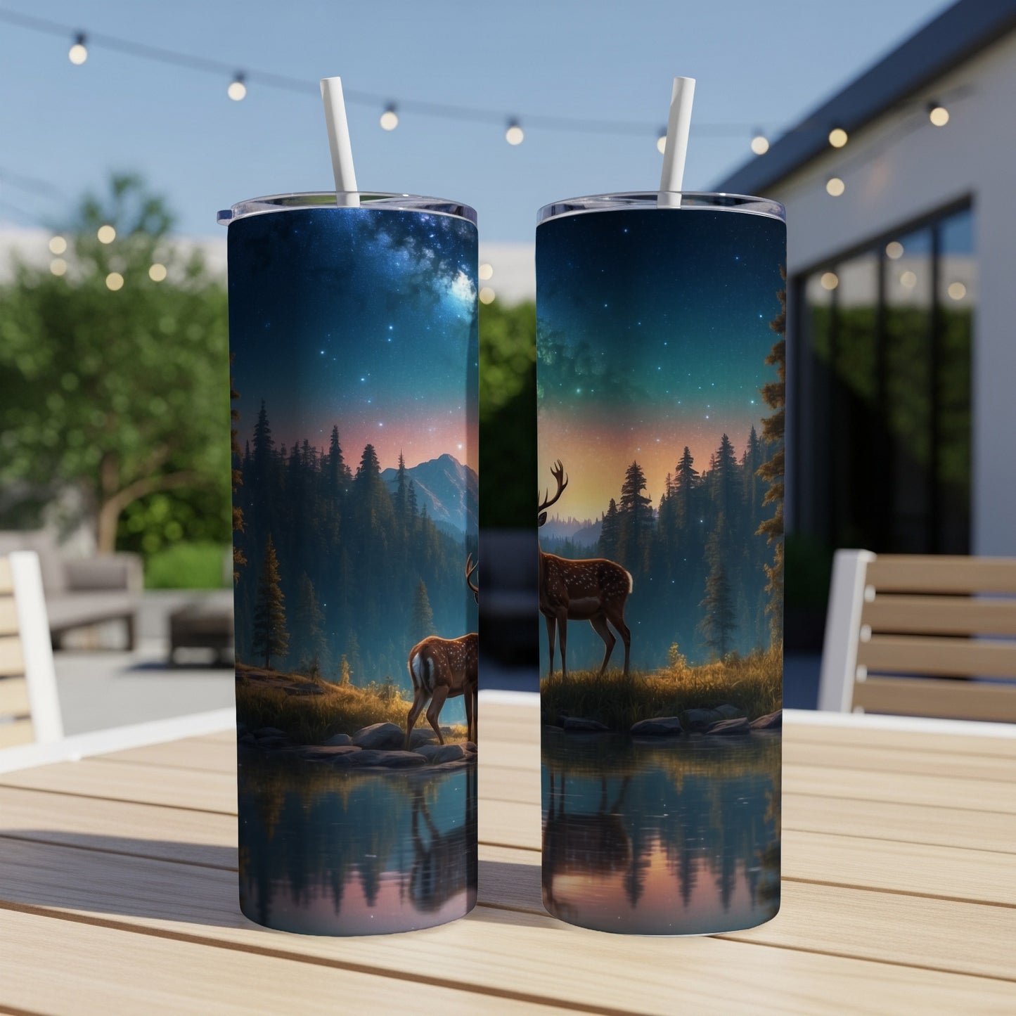 Two tumblers with a deer in a forest scene at night.
