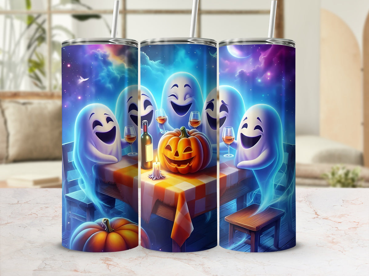 Three tumblers featuring cartoon ghosts celebrating Halloween with a pumpkin and wine.