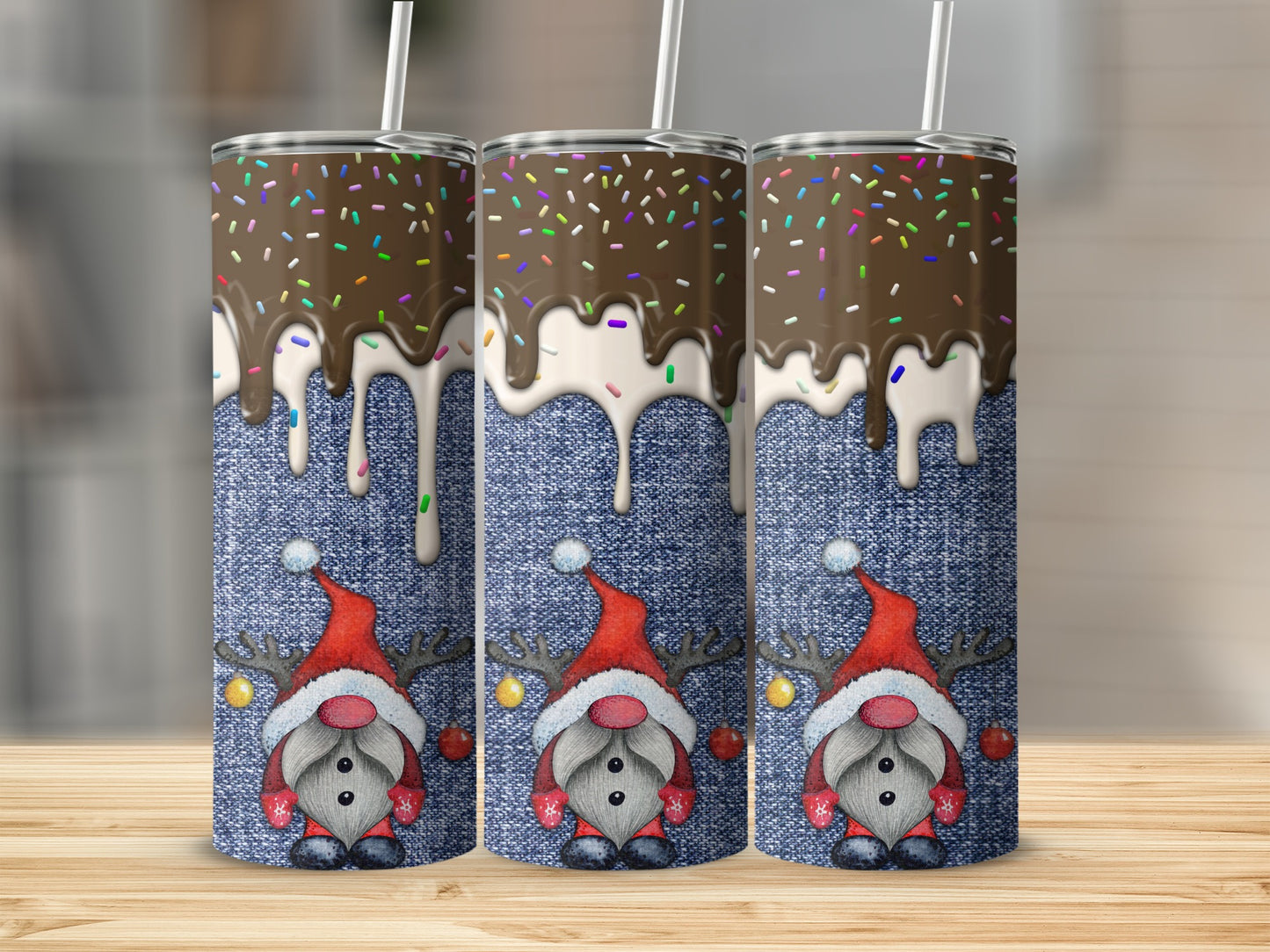 Three tumblers with a denim texture, chocolate drip, and cartoon gnomes.