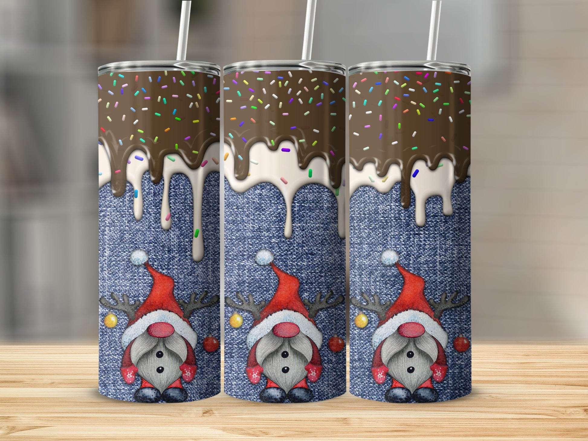 Three tumblers with a denim texture, chocolate drip, and cartoon gnomes.