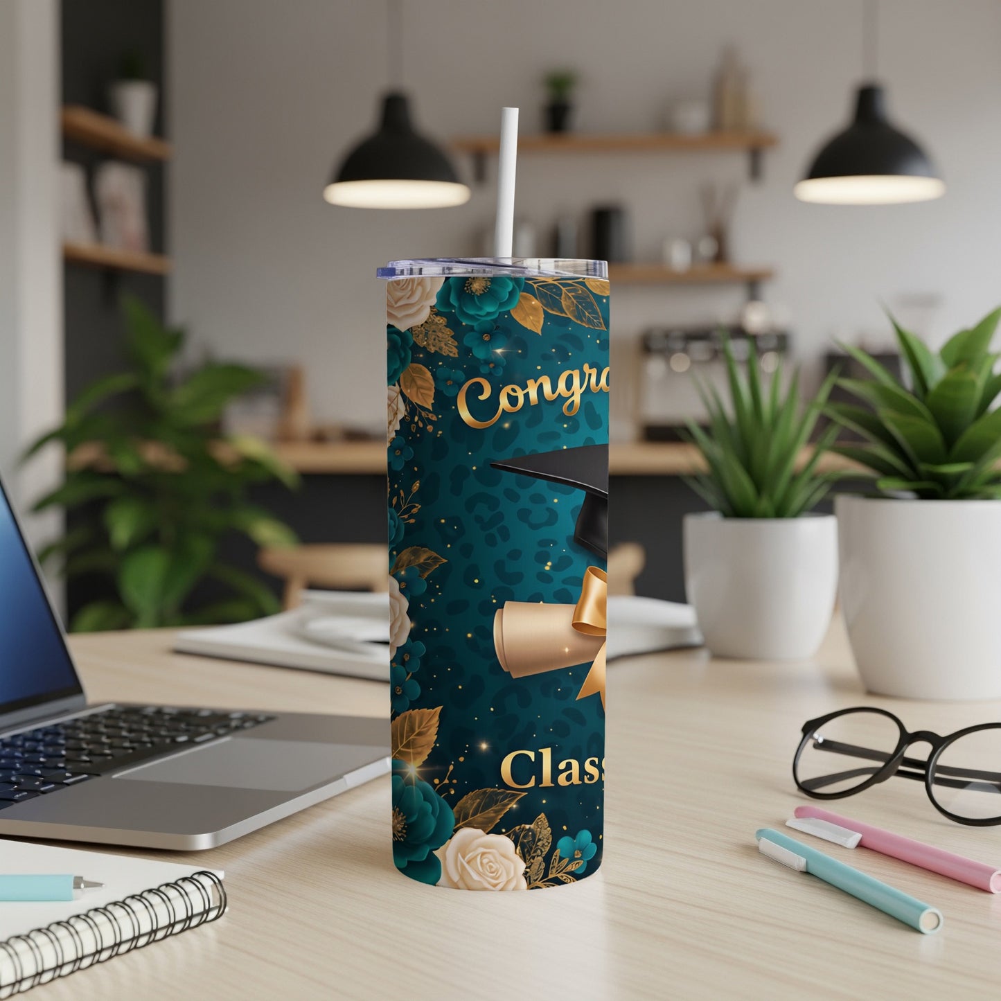 Graduation-themed tumbler with floral and leopard print accents.