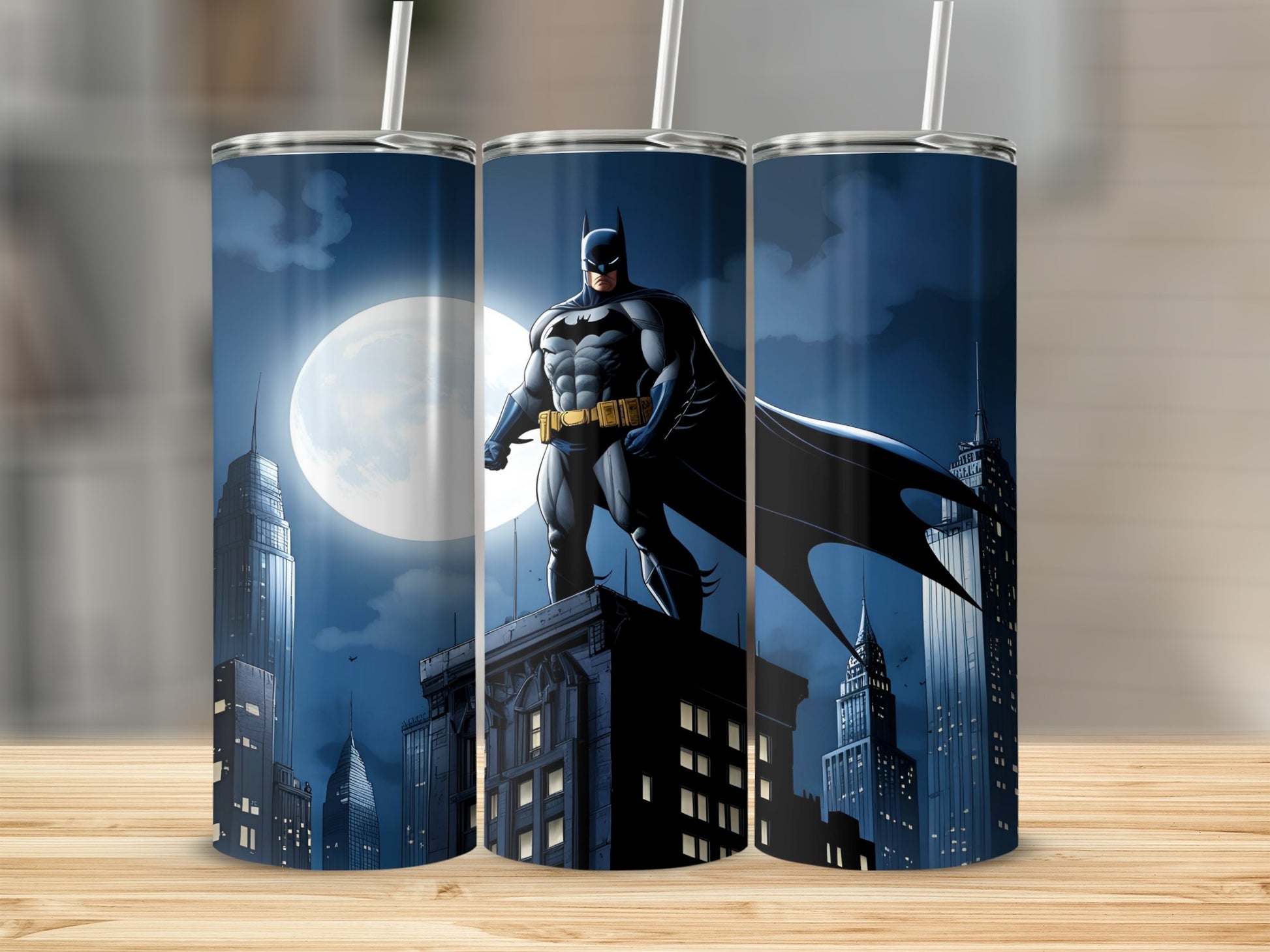Batman standing on a rooftop overlooking a city at night with a full moon.