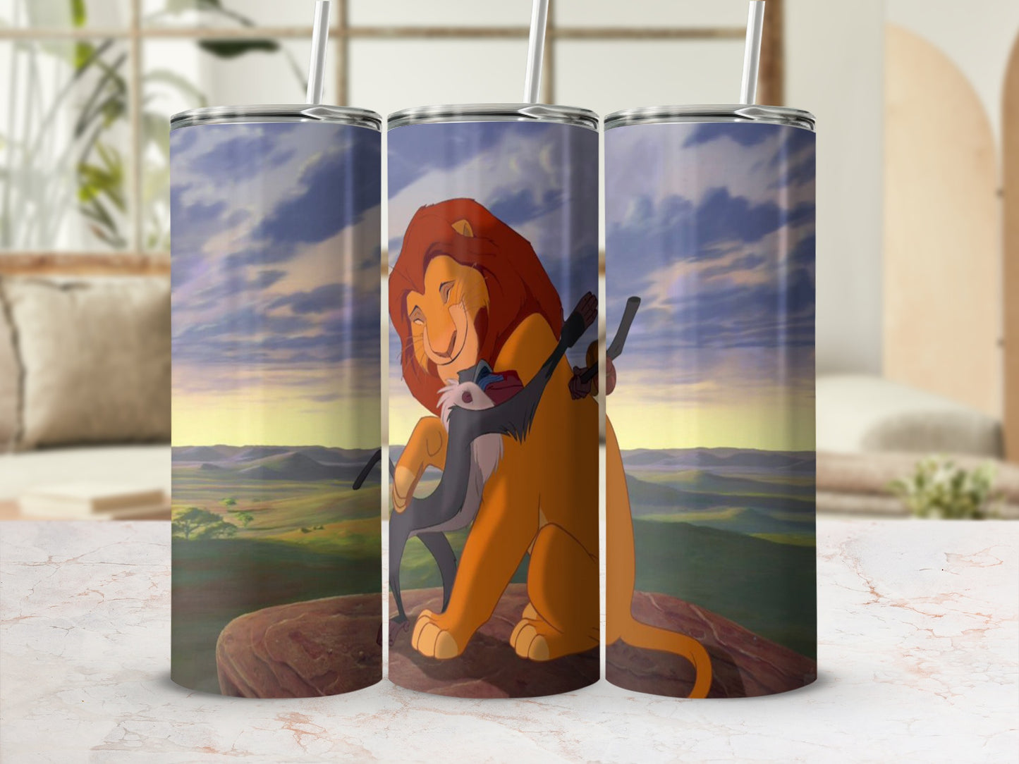 Simba hugs Rafiki on Pride Rock with savanna background.