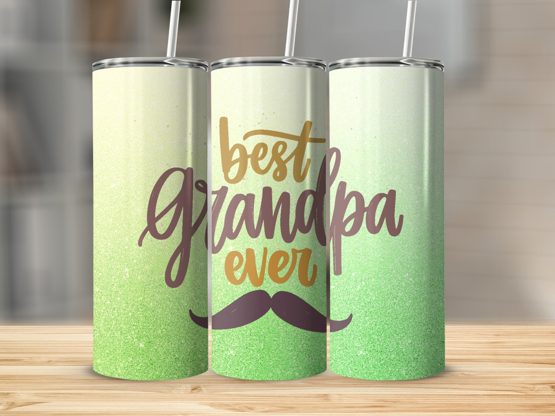 Glittering green tumbler with "Best Grandpa Ever" and a mustache design.