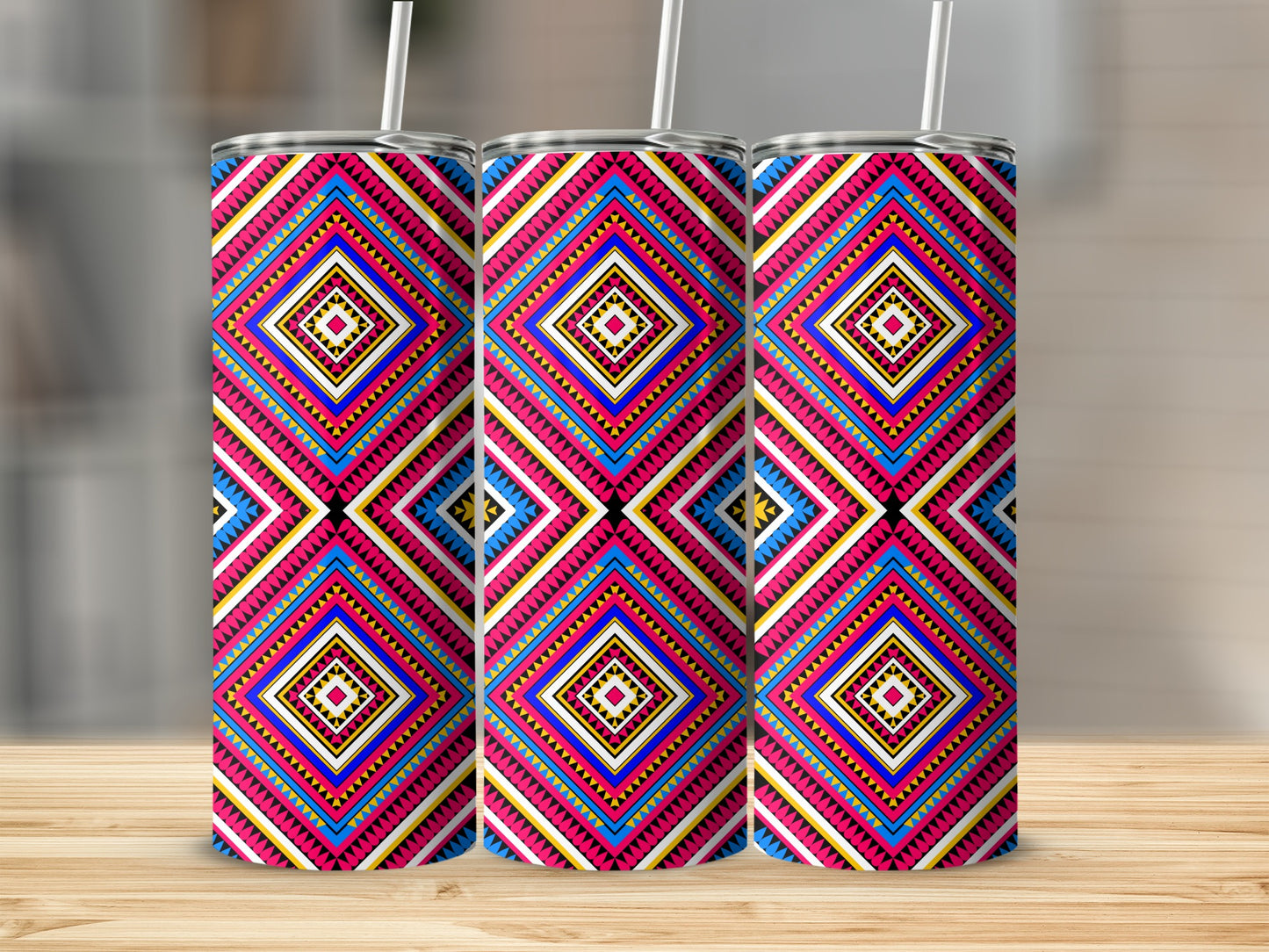 Vibrant Geometric Pattern Tumbler with Straw Cup