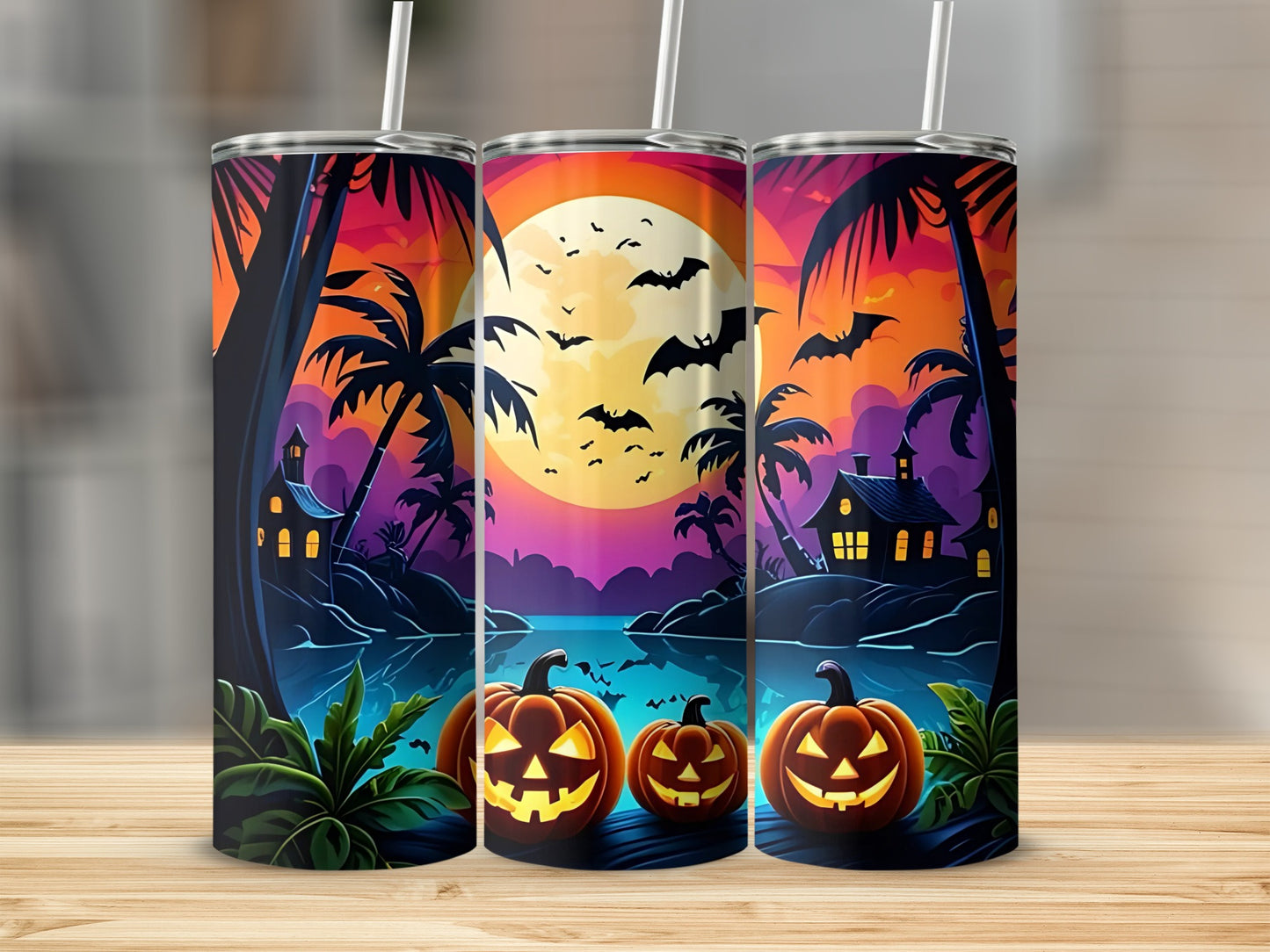 Spooky Halloween Scene Tumbler with Pumpkins and Bats