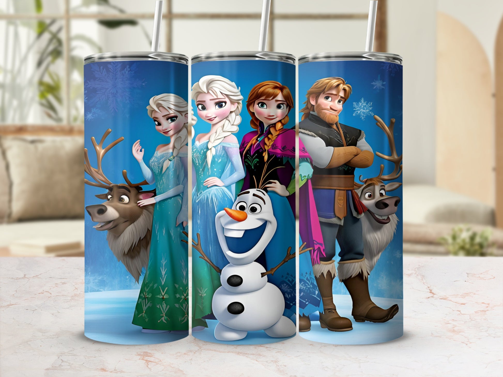 Olaf, Elsa, Anna, and Kristoff from Frozen on a blue background.