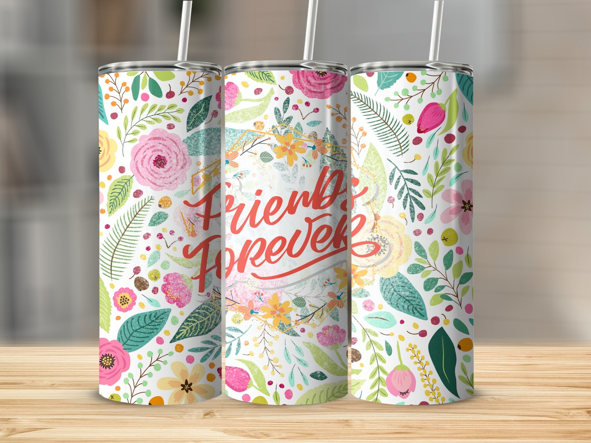 Colorful Floral Pattern Friends Forever Tumbler