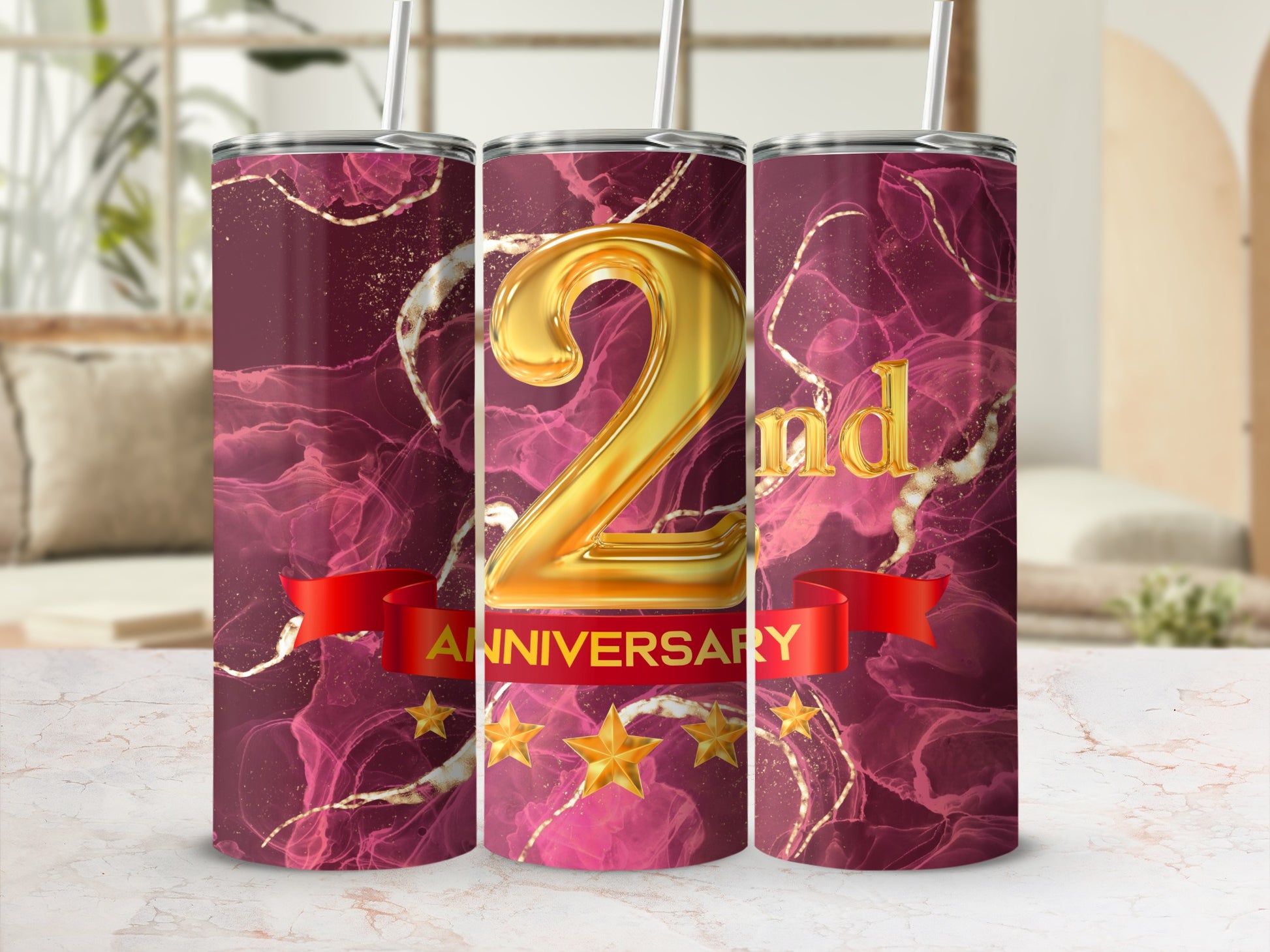 Burgundy tumbler with gold 2nd anniversary text and stars.