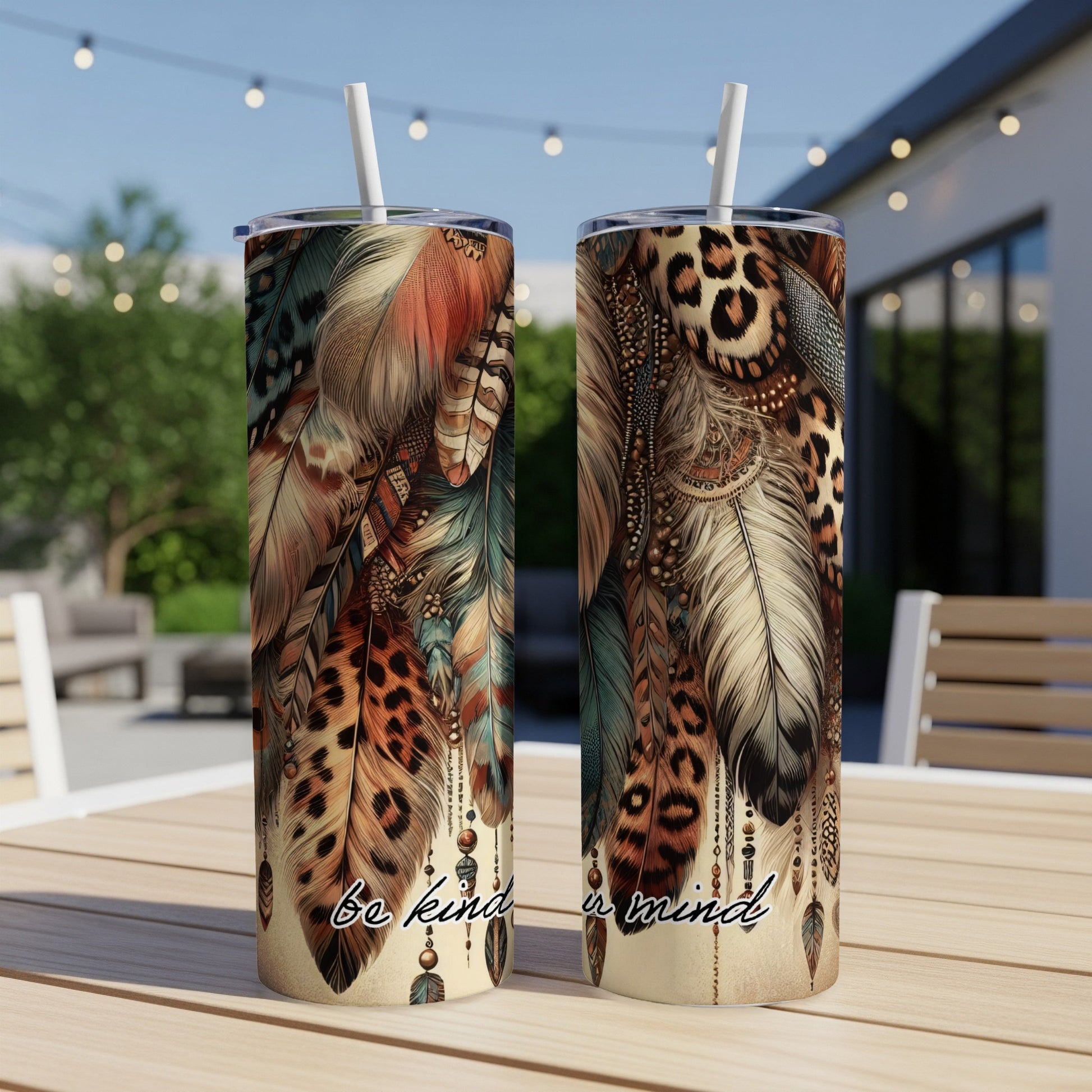 Two tumblers with feather and leopard print patterns, "Be Kind & Mind" text.