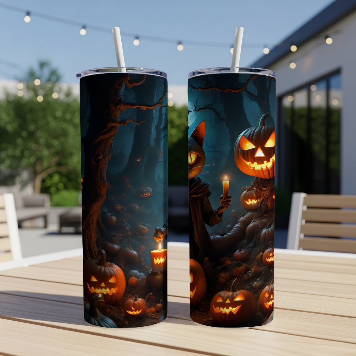 Halloween tumblers with black cat, pumpkins, and candles in a spooky forest scene.