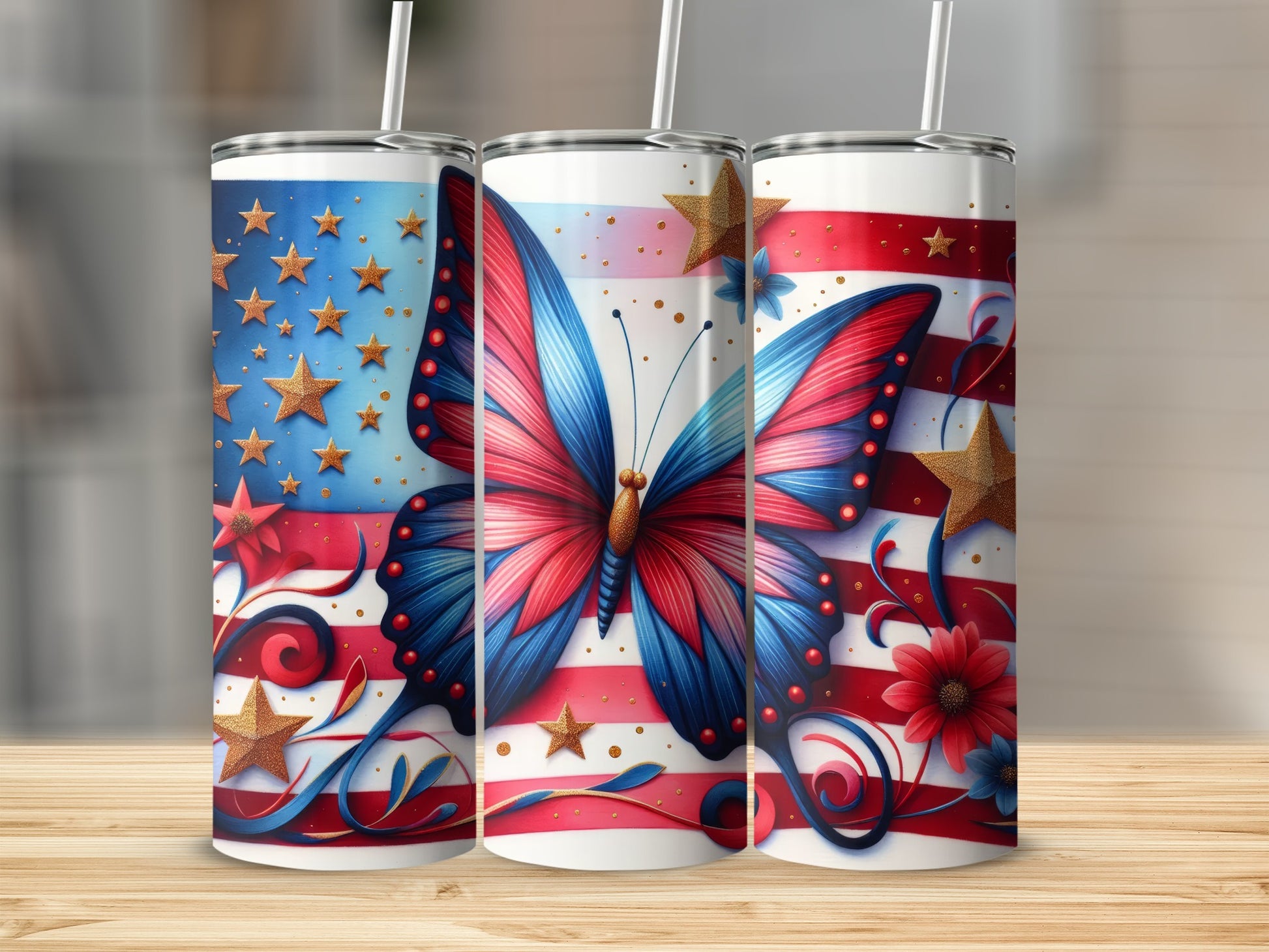 Three tumblers with patriotic butterfly and star designs.
