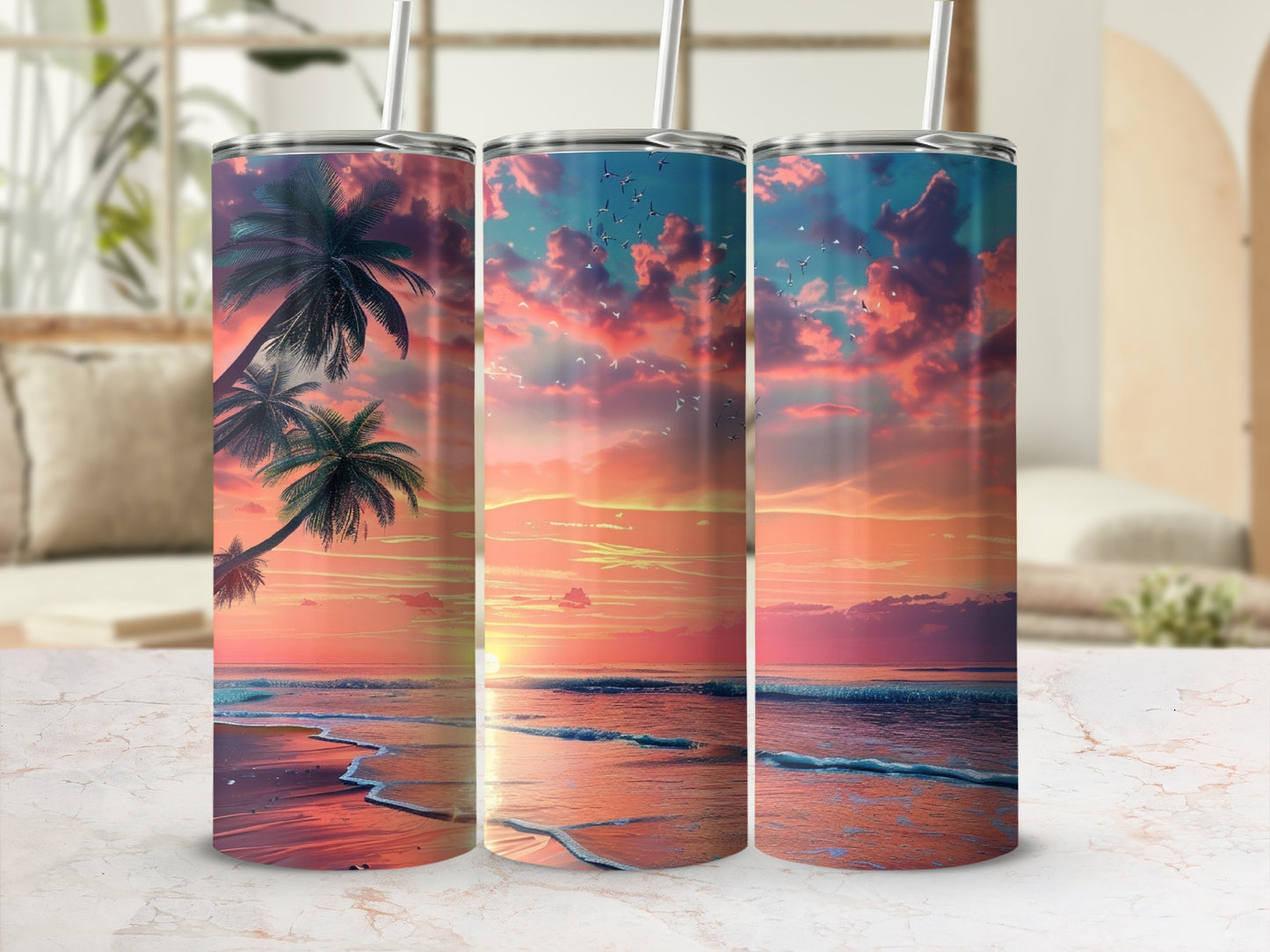 Beach sunset with palm trees on three tumblers.