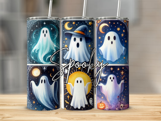 Three tumblers with Halloween ghost designs and the word "Spooky".
