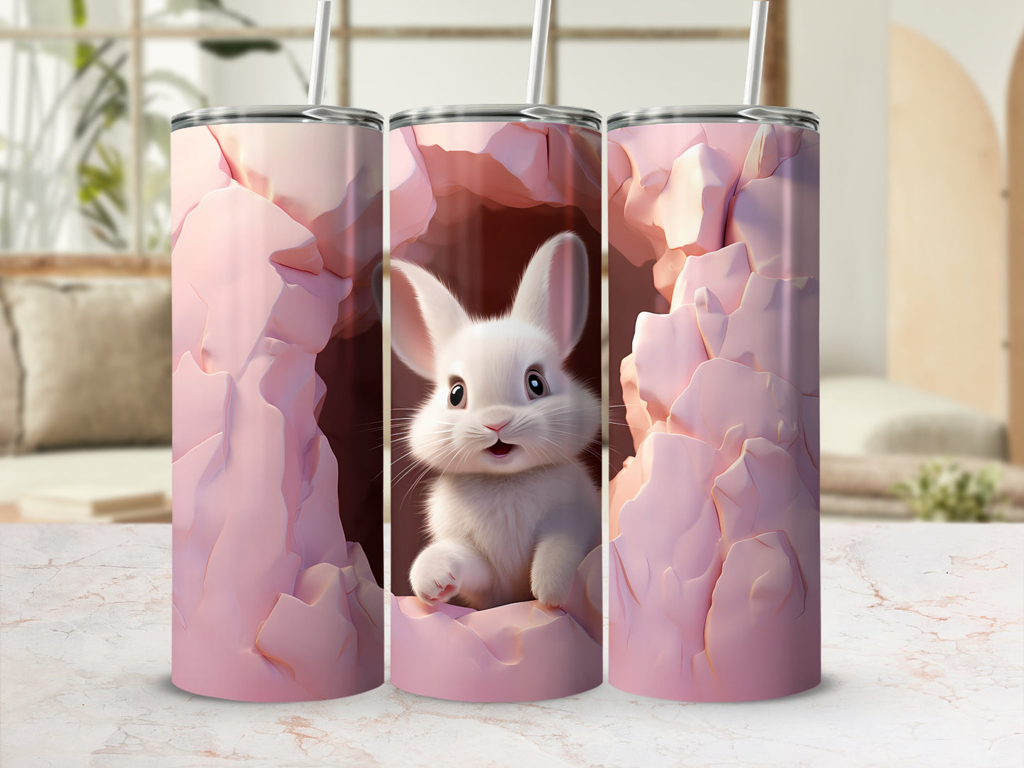 Cute Bunny in Pink Rocky Cave Tumbler